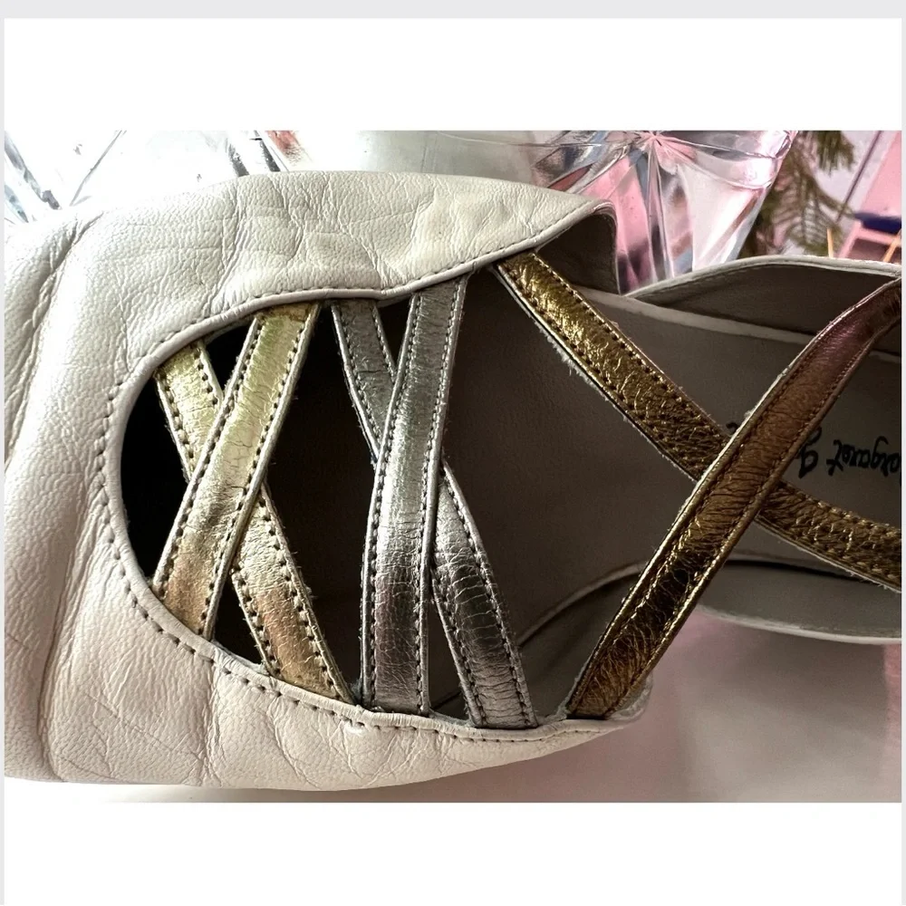 Margaret Jerrold 8.5 / Bone Leather D'Orsay Flats / Mixed Metallic Art Deco - Picture 2 of 16